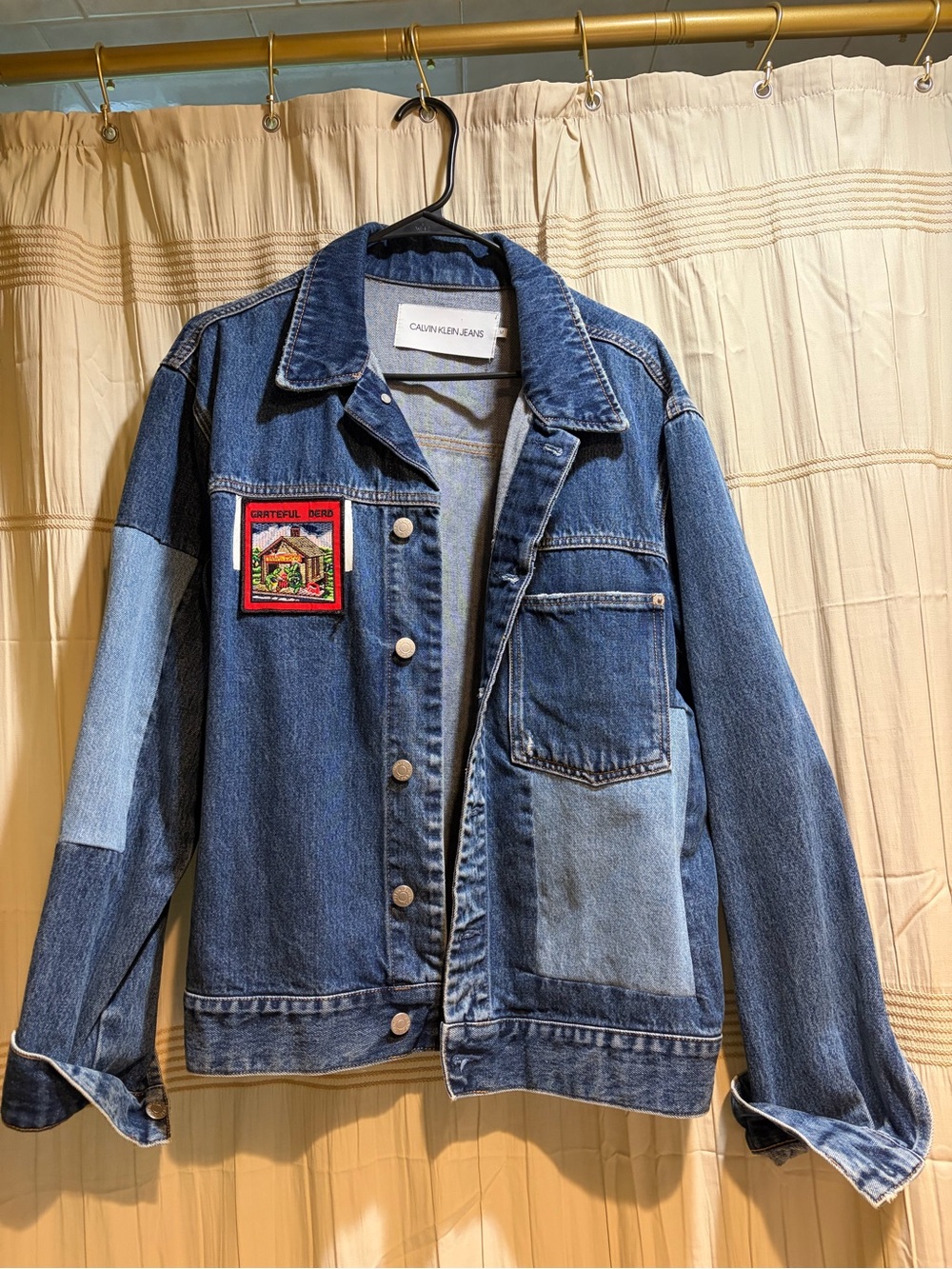 Calvin Klein Jeans Women's Blue Patchwork Denim Jacket with Grateful Dead Patch